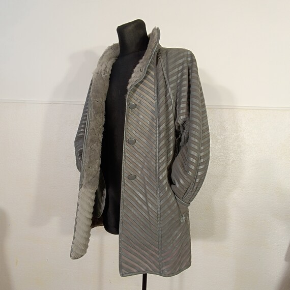 Gray Leather Coat Women, vintage striped coat, Wo… - image 3