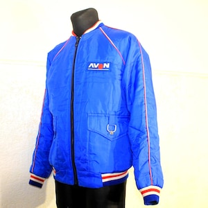 70s Navy Padded Jacket with Patches | Retro Ski Puffer Coat Size Medium.