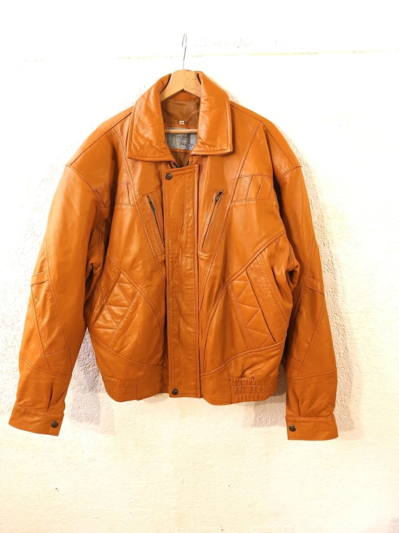 Orange Bomber Jacket, Tan Leather Jacket, 80s Vintage Bomber 