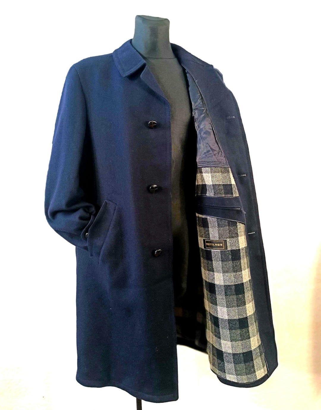 Navy Wool Coat Men, Vintage Overcoat With Plaid Liner, Long