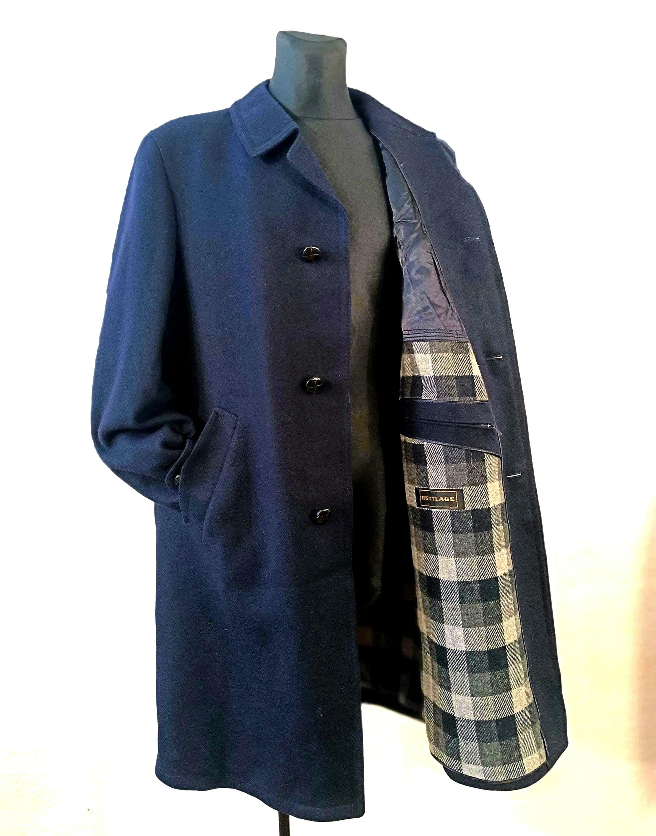 Navy Wool Coat Men, Vintage Overcoat With Plaid Liner, Long