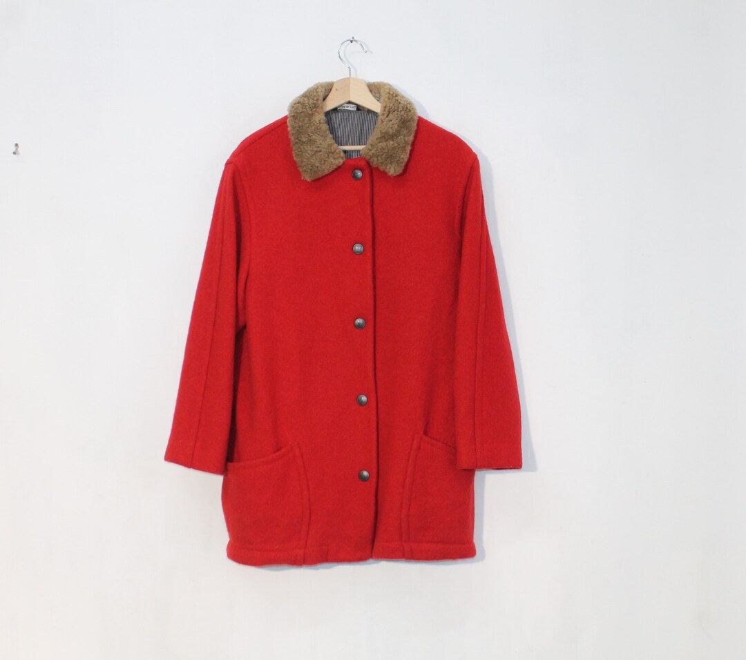 Boiled Red Wool Coat Women, Boiled Wool Coat Fur Collar, Red Wool Coat ...