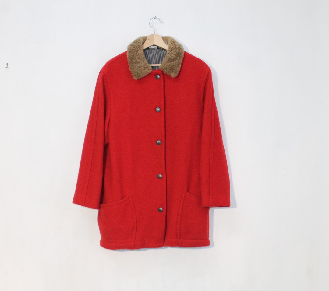 Boiled Red Wool Coat Women, Boiled Wool Coat Fur Collar, Red Wool Coat