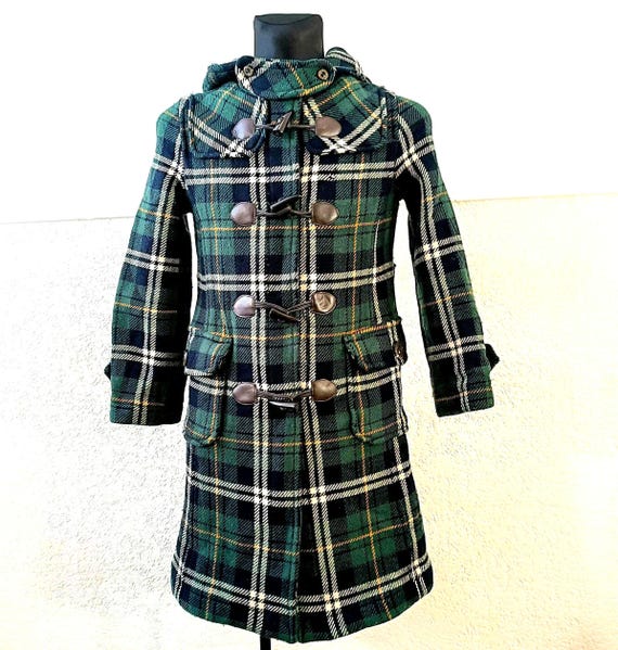 Vintage Green Plaid Wool Duffle Coat for Women - Checkered Toggle