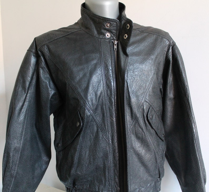Vintage Italian 80s Black Leather Motorcycle Bomber Jacket with Plaid Liner Size L