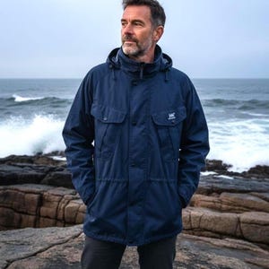 Helly Hansen Jacket Navy, Hooded Polyester Cotton Trail Jacket Military Style Size Medium