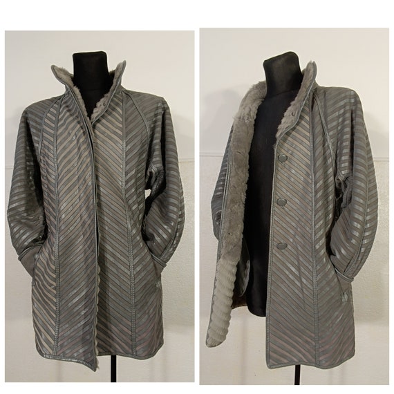 Gray Leather Coat Women, vintage striped coat, Wo… - image 1