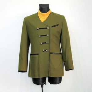 Vintage Austrian Trachten Wool Blazer - Green Tyroler Jacket with Nehru Collar for Oktoberfest