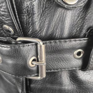 Black Biker Overalls Women Vintage Leather Pants, Black High-Waist Motorcycle Style, 40 Large Size