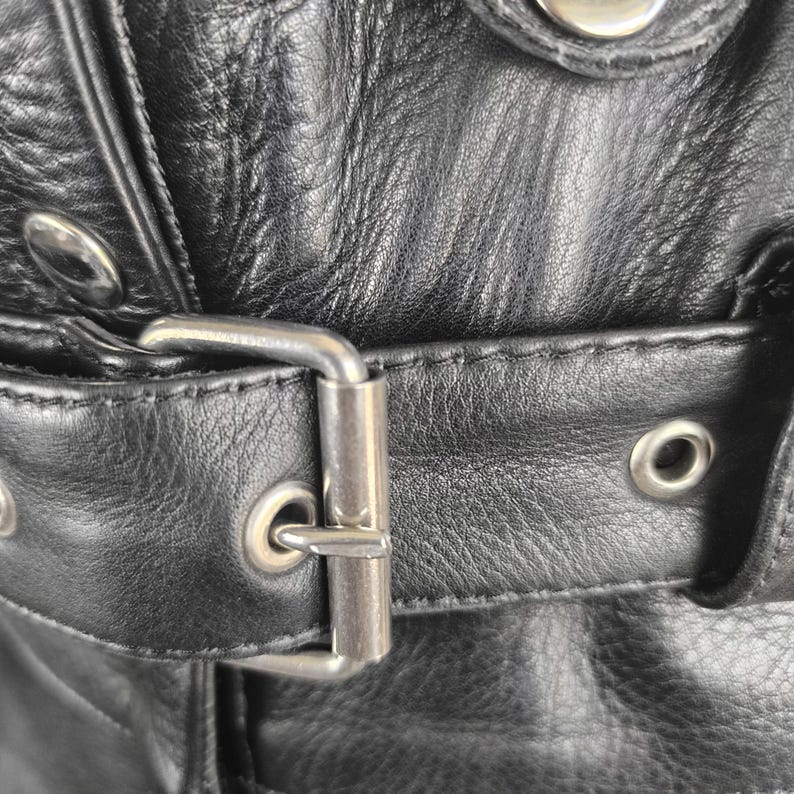 Black Biker Overalls Women Vintage Leather Pants, Black High-Waist Motorcycle Style, 40 Large Size