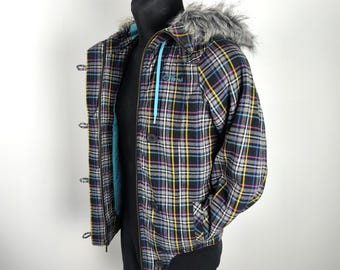 Colorful Vans Women&#39;s Insulated Ski Jacket - Padded Hooded Winter Coat, Checkered Pattern, Small Size