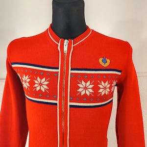 Roter Wollcardigan, Vintage 60er Jahre Fair Isle Alpine Jacke, Retro-Strickpullover mit Reißverschluss, Winterpullover
