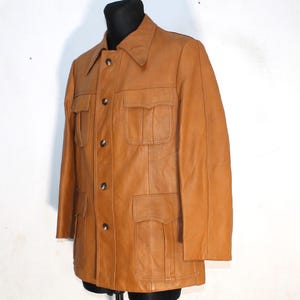 Vintage 70s Tan Safari Leather Jacket for Men - Genuine Brown Retro Outerwear, Size Medium