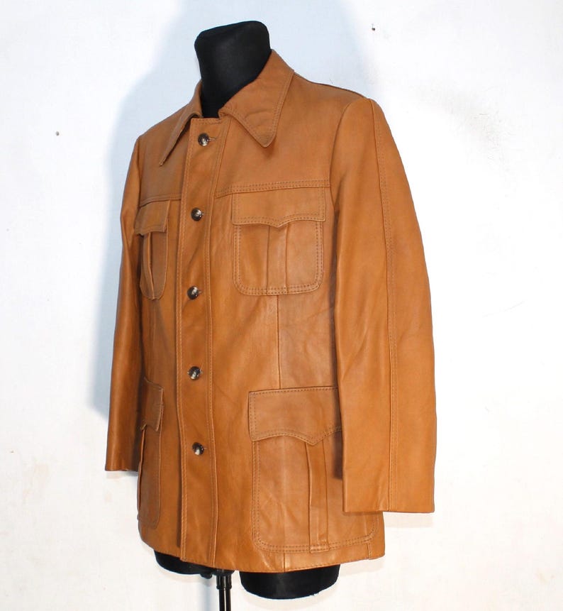 Vintage 70s Tan Safari Leather Jacket for Men - Genuine Brown Retro Outerwear, Size Medium
