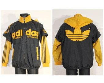 Adidas Windbreaker, Adidas Retro, Jacket Vintage, Yellow Jacket , 80s vintage Hooded Jacket, Trainer Jacket, reverse jacket Size Medium