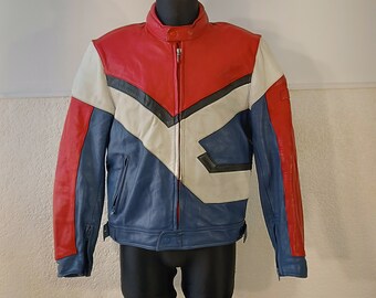 veste de moto vintage, veste en cuir de moto, veste de course, veste multicolore, veste POLO, veste de moto vintage taille 56 XL