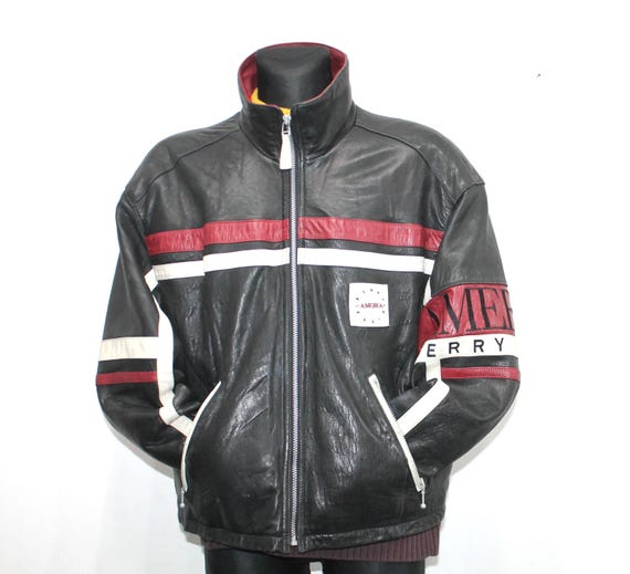 Police Leather Jacket Perry Ellis Vintage Cowhide XL: Retro Racing Motorcycle Bomber Style
