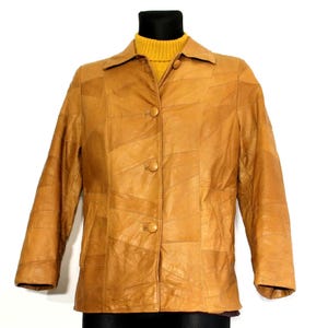 Leather Jacket Women Tan Patchwork: 80s Vintage Safari Blazer Medium