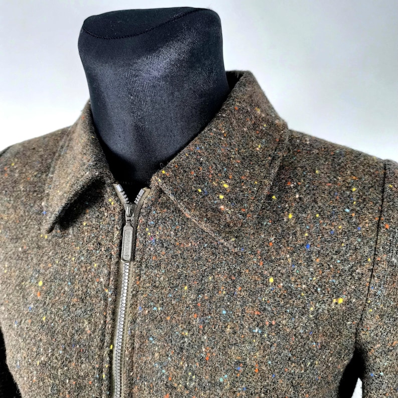 Vintage 70s Brown Donegal Tweed Wool Zip Jacket - Retro Women's Small Outerwear