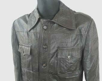 Leather safari Jacket Vintage 70s Men's - Dark Brown Retro Style, Size Large