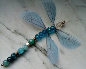 Agate and crystal glass Dragonfly as a great hanger indoors and outdoors because brass wire is processed Super sparkling Pendant 10 cm total length