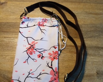 Handy Schulter Tasche xxl wasserabweisend mit Zugbeutel Japan Sakura leinen 14x23cm handgefertigt von mir