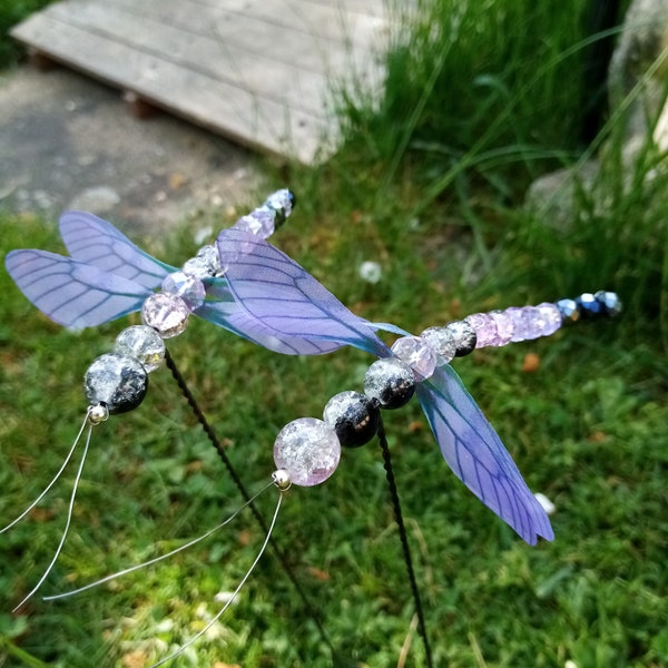 Set of 2 large glass dragonfly 11 cm purple black sparkling and extraordinary with chiffon wings plant plug garden plug pond decoration