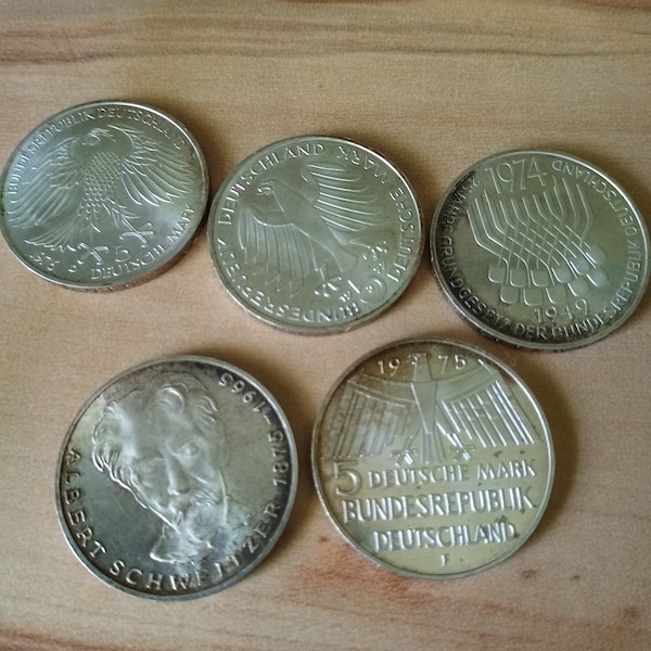 5DM silver commemorative coins set of 5 1974 to 1977