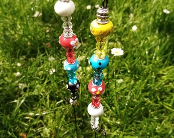 Set of 2 Murano glass herb plugs with sparkling crystal glass beads steele for succulent cacti etc.. 13 cm long