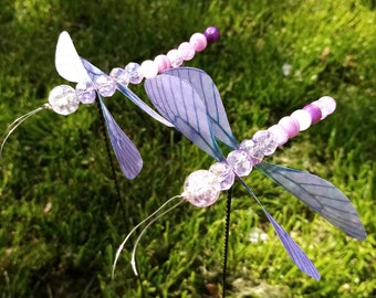 Set of 2 large glass dragonfly 9 cm in great purple broken glass garden decoration pond decoration terrace or plant plug super sparkling