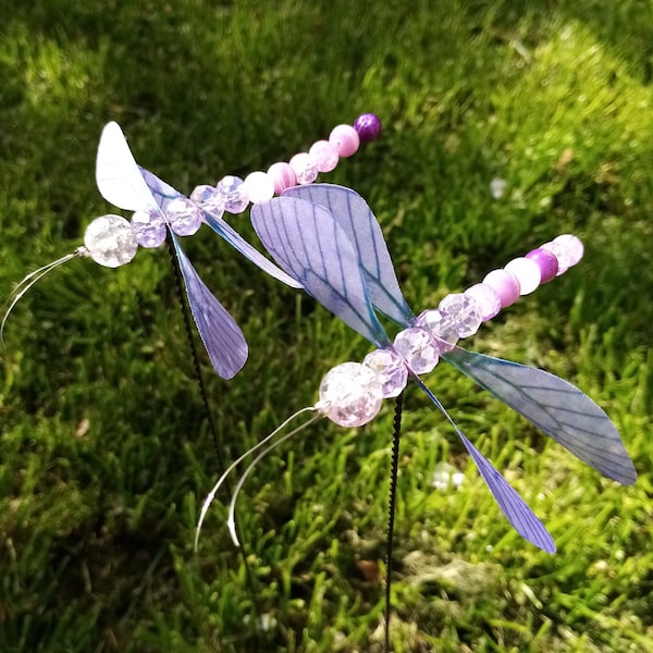 Set of 2 large glass dragonfly 9 cm in great purple broken glass garden decoration pond decoration terrace or plant plug super sparkling