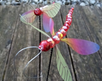 Set of 2 large red demoiselles 10 cm crystal glass with brilliant cut super sparkling with silk wings