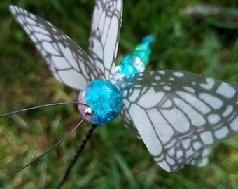 Set of 2 small glass butterflies with silk wings 6 cm