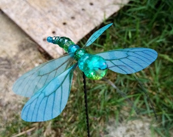 Set of 2 Hawk Dragonfly Garden Decoration Plant Plugs Crystal Glass Dragonflies 8 cm Silk Wings