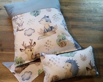 Doll bed linen set with scarf 40 x 34 cm eco-tex cotton and eco-tex filling wadding, washable, soft with forest animals