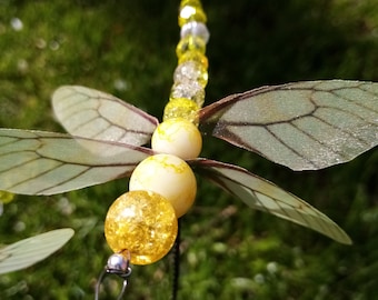 Set of 2 large yellow dragonfly crystal glass and glass with chiffon wings 8.5 cm great garden stake super sparkling balcony pond decoration etc.