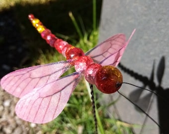 Large blood red heather dragonfly super sparkling crystal glass and glass 12 cm long garden plug decoration plant plug terrace balcony