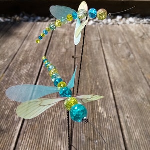 Set of 2 Turquoise Yellow Pond Dragonfly Crystal Glass and Cracked Glass 9cm Garden Decorative Plant Plugs Super Sparkling Balcony Patio Flowers