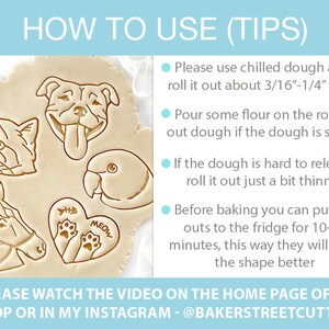 May include: A close-up of a cookie cutter set with various animal shapes, including a cat, dog, bird, and horse. The cutters are on a light brown surface with a rolled out cookie dough. The text "HOW TO USE (TIPS)" is at the top of the image. The text "PLEASE WATCH THE VIDEO ON THE HOME PAGE OF MY SHOP OR IN MY INSTAGRAM - @BAKERSTREETCUTTERS" is at the bottom of the image.