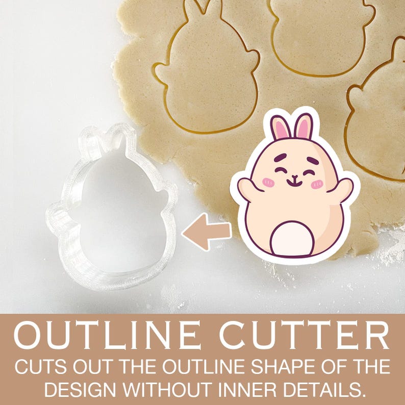 May include: A clear plastic cookie cutter in the shape of a cartoon bunny. The cutter is shown next to a sheet of cookie dough with several bunny-shaped cookies cut out. The text "OUTLINE CUTTER" is displayed below the image. The text "CUTS OUT THE OUTLINE SHAPE OF THE DESIGN WITHOUT INNER DETAILS." is displayed below the text "OUTLINE CUTTER".
