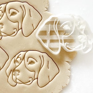 May include: A close-up of a cookie cutter in the shape of a beagle dog's head. The cutter is made of clear plastic and is resting on a piece of cookie dough. The dough is lightly dusted with flour.