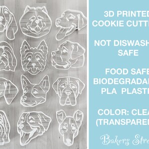May include: A set of 12 clear plastic 3D printed dog cookie cutters. The cutters are food safe and biodegradable. The text "3D Printed Cookie Cutters", "Not Dishwasher Safe", "Food Safe Biodegradable PLA Plastic", "Color: Clear (Transparent)", and "Bakers Street" is visible in the image.