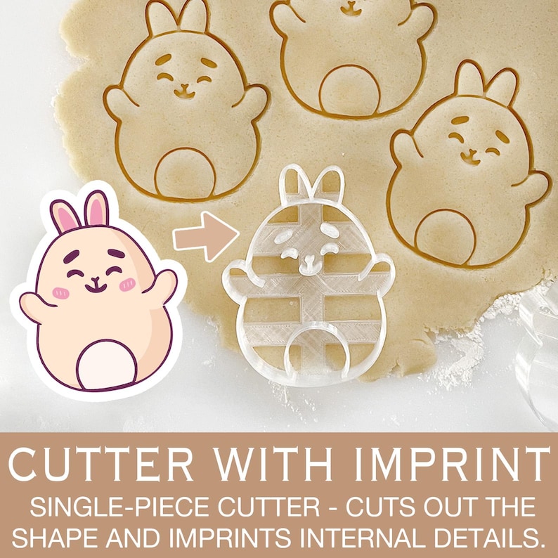 May include: A single-piece cookie cutter in the shape of a cartoon bunny with a striped pattern. The cutter cuts out the shape and imprints the internal details.  "CUTTER WITH IMPRINT" and "SINGLE-PIECE CUTTER - CUTS OUT THE SHAPE AND IMPRINTS INTERNAL DETAILS." are written in the image.