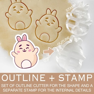May include: A set of two cookie cutters, one for outlining a cartoon bunny and the other for stamping internal details. The outline cutter is shown on a brown surface with a cookie cut out. The stamp cutter is shown on a white surface.