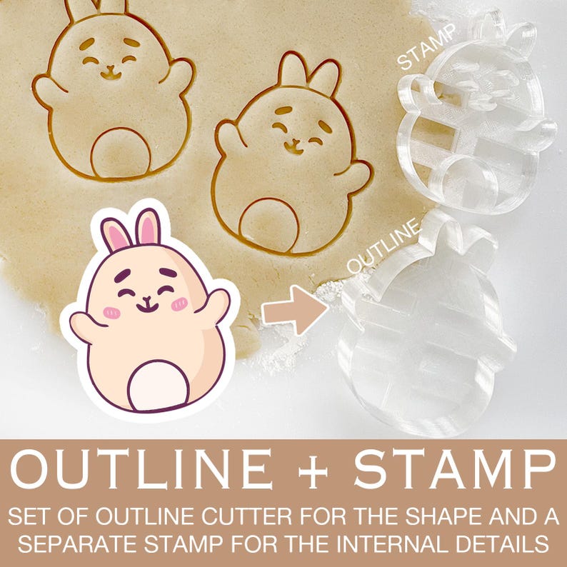 May include: A set of two cookie cutters, one for outlining a cartoon bunny and the other for stamping internal details. The outline cutter is shown on a brown surface with a cookie cut out. The stamp cutter is shown on a white surface.