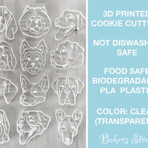 May include: A set of 12 clear plastic 3D printed dog cookie cutters. The cutters are food safe and biodegradable. The text "3D Printed Cookie Cutters", "Not Dishwasher Safe", "Food Safe Biodegradable PLA Plastic", "Color: Clear (Transparent)", and "Bakers Street" is visible in the image.