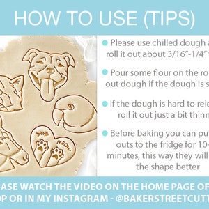 May include: A close-up of a cookie cutter set with various animal shapes, including a cat, dog, bird, horse, and a heart with paw prints. The cookie cutters are on a light brown surface with rolled out dough. The text "HOW TO USE (TIPS)" is at the top of the image. The text "MEOW" is on the heart cookie cutter. The text "PLEASE WATCH THE VIDEO ON THE HOME PAGE OF MY SHOP OR IN MY INSTAGRAM - @BAKERSTREETCUTTERS" is at the bottom of the image.