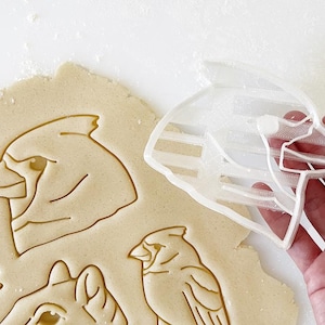 以下が含まれることがあります： 白プラスチック製のクッキーカッターで、カーディナル、チカディー、リスの形をしています。クッキーカッターはクッキー生地の上に置かれています。
