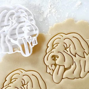 May include: A white plastic cookie cutter in the shape of a dog's head. The cookie cutter is on top of a piece of cookie dough that has been cut out with the cookie cutter.
