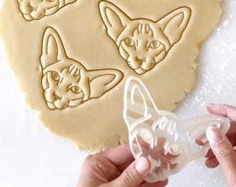 Puede incluir: Un cortador de galletas de plástico transparente en forma de cabeza de gato. El cortador está siendo sostenido por una mano. El cortador se está utilizando para cortar una galleta con forma de gato de una hoja de masa para galletas.